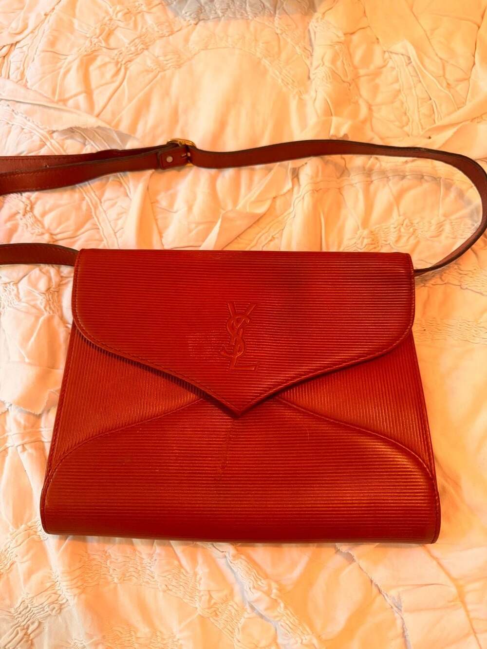 Vintage Yves Saint Laurent Red Leather Stripe Shoulder Bag - Picture 2 of 10